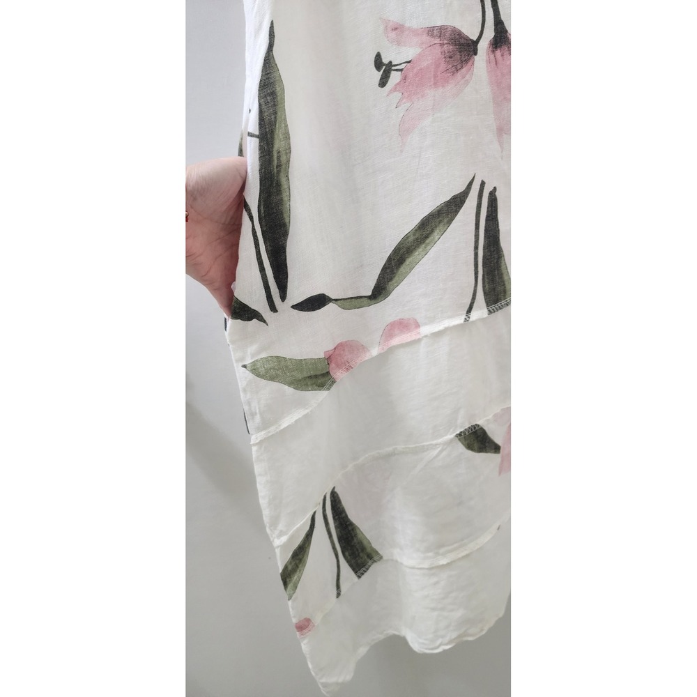 Lungo L'Arno Italy 100% Linen Floral Midi Dress White Pink Green Womens Small - Picture 3 of 6